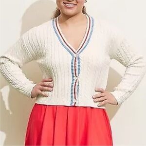 Prince Pickleball Sweater Cream Cable-Knit Cardigan Red Blue Trim Cotton Preppy